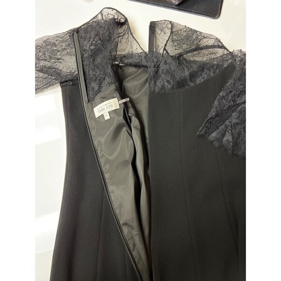 rickie freeman TERI JON Black Lace Pleated Cut Hem Short Sleeve Women's Size 8 - Picture 9 of 12